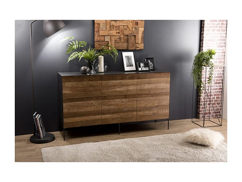 MAXENCE - Buffet naturel et noir 3 portes bois Teck recyclé pieds gris