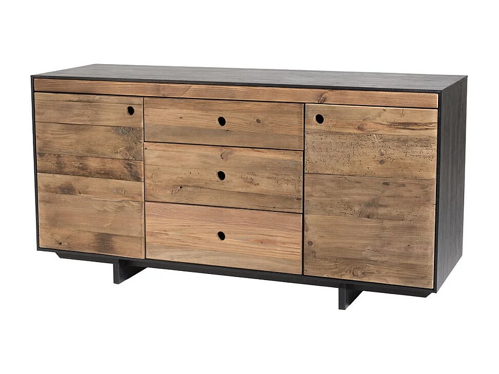 DANDY - Buffet 2 portes 3 tiroirs bois Pin recyclé naturel et noir