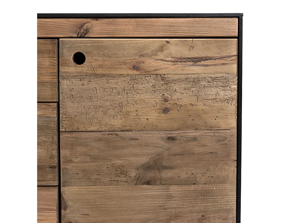 DANDY - Buffet 2 portes 3 tiroirs bois Pin recyclé naturel et noir