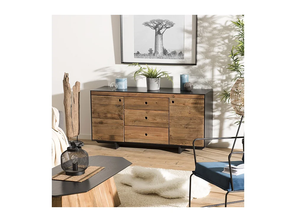 DANDY - Buffet 2 portes 3 tiroirs bois Pin recyclé naturel et noir