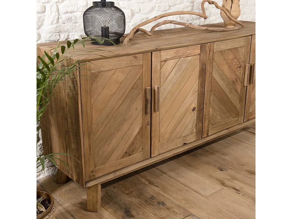 SANDY - Buffet marron 4 portes bois Pin recyclé détails graphiques