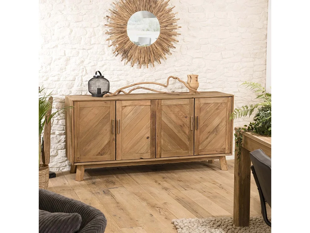 SANDY - Buffet marron 4 portes bois Pin recyclé détails graphiques
