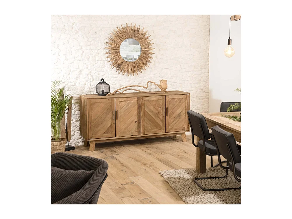SANDY - Buffet marron 4 portes bois Pin recyclé détails graphiques