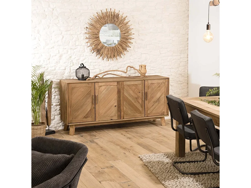 SANDY - Buffet marron 4 portes bois Pin recyclé détails graphiques
