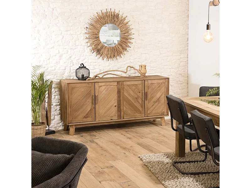 SANDY - Buffet marron 4 portes bois Pin recyclé détails graphiques