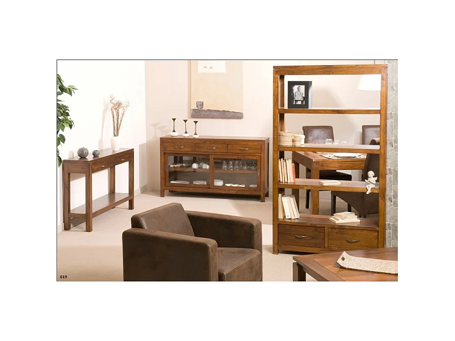 EDEN - Buffet marron 2 portes coulissantes vitrées 3 tiroirs bois Mindi