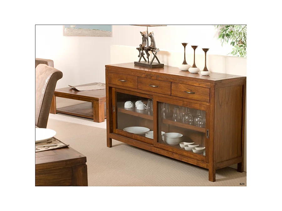 EDEN - Buffet marron 2 portes coulissantes vitrées 3 tiroirs bois Mindi