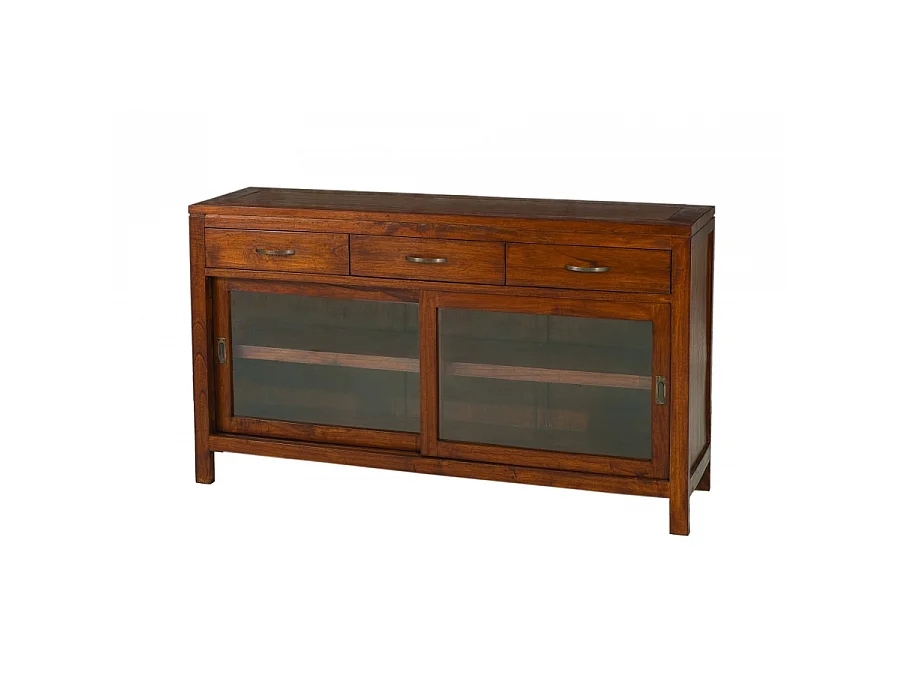 EDEN - Buffet marron 2 portes coulissantes vitrées 3 tiroirs bois Mindi