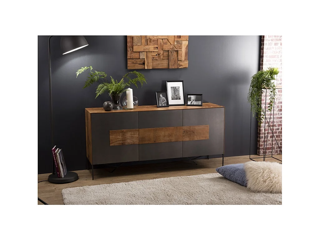 MAXENCE - Buffet 2 portes 3 tiroirs bois Teck recyclé façade et pieds métal gris anthracite
