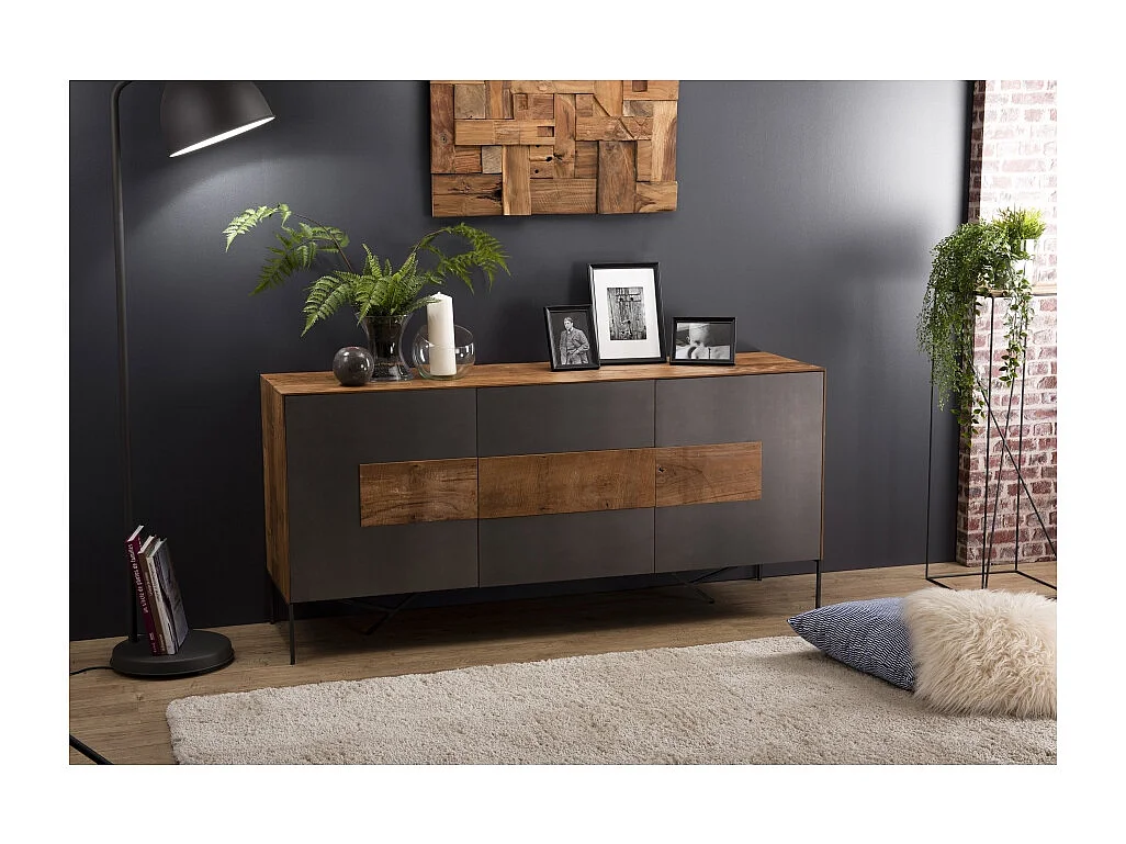 MAXENCE - Buffet 2 portes 3 tiroirs bois Teck recyclé pieds métal gris