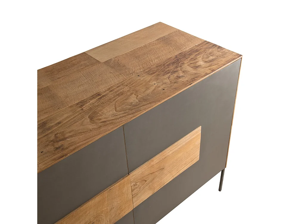 MAXENCE - Buffet 2 portes 3 tiroirs bois Teck recyclé pieds métal gris