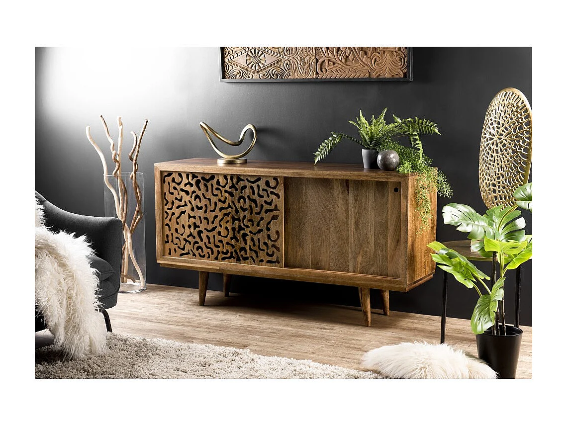 INDRA - Buffet bois Manguier 160x45cm 2 portes coulissantes 1 étagère Jaipur