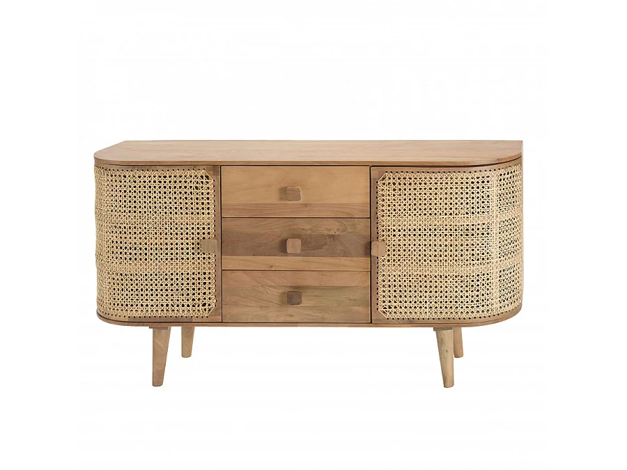 ISA - Buffet marron 2 portes 3 tiroirs bois de jamelonier et cannage couleur naturelle