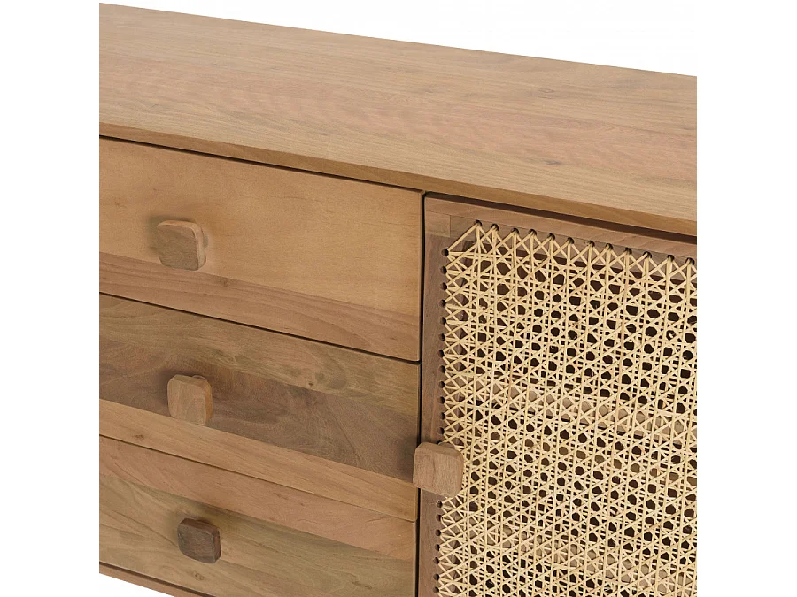 ISA - Buffet marron 2 portes 3 tiroirs bois de jamelonier et cannage couleur naturelle