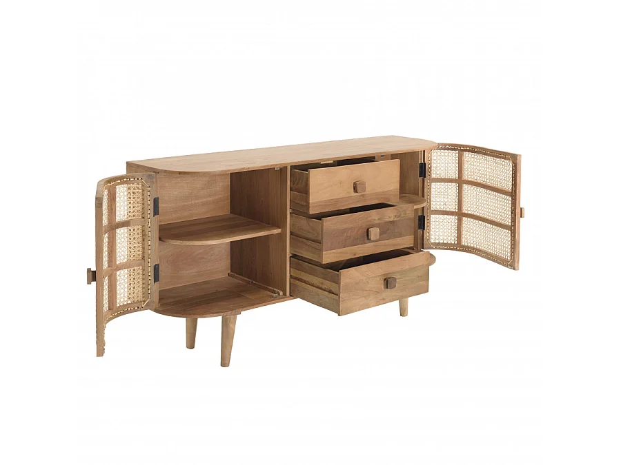 ISA - Buffet marron 2 portes 3 tiroirs bois de jamelonier et cannage couleur naturelle