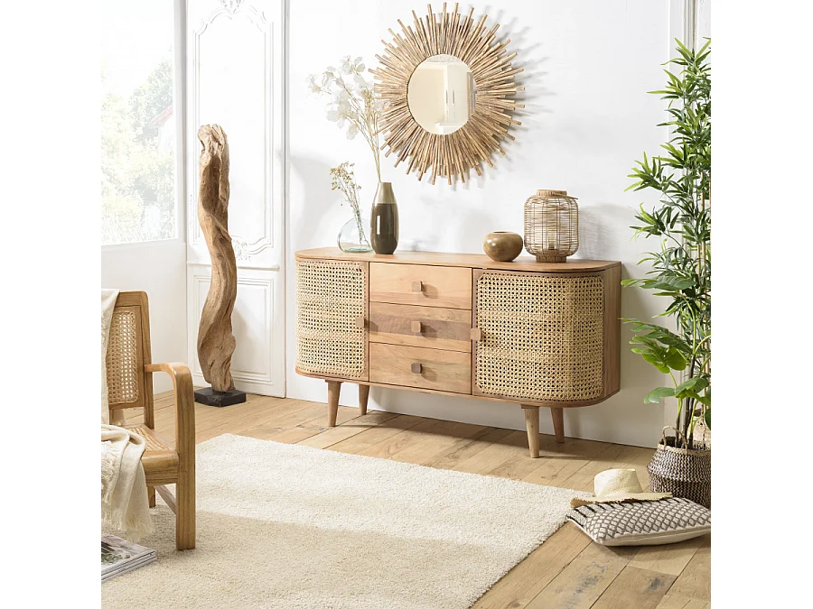 ISA - Buffet marron 2 portes 3 tiroirs bois de jamelonier et cannage couleur naturelle