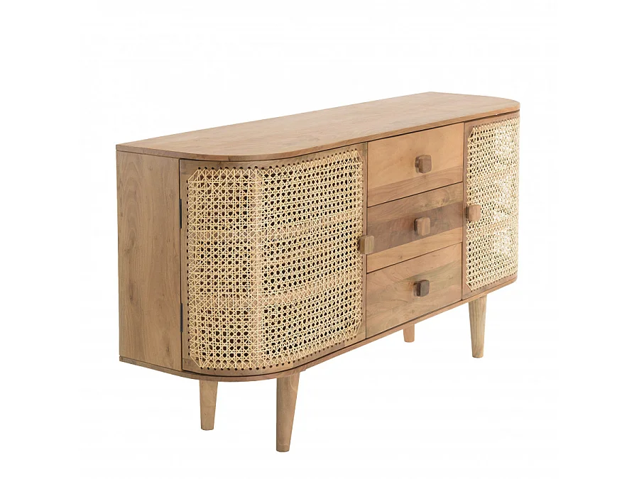 ISA - Buffet marron 2 portes 3 tiroirs bois de jamelonier et cannage couleur naturelle