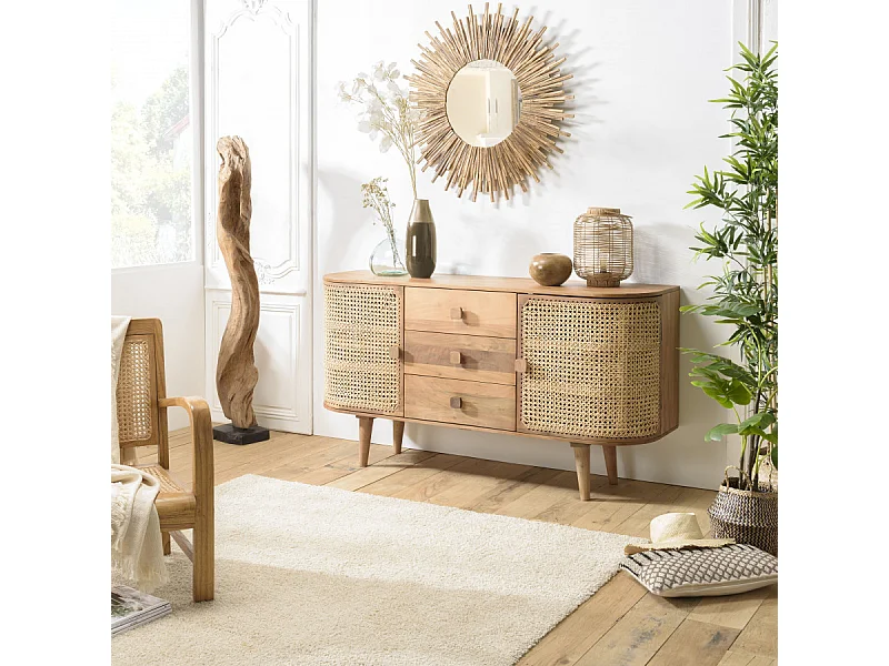 ISA - Buffet marron 2 portes 3 tiroirs bois de jamelonier et cannage couleur naturelle