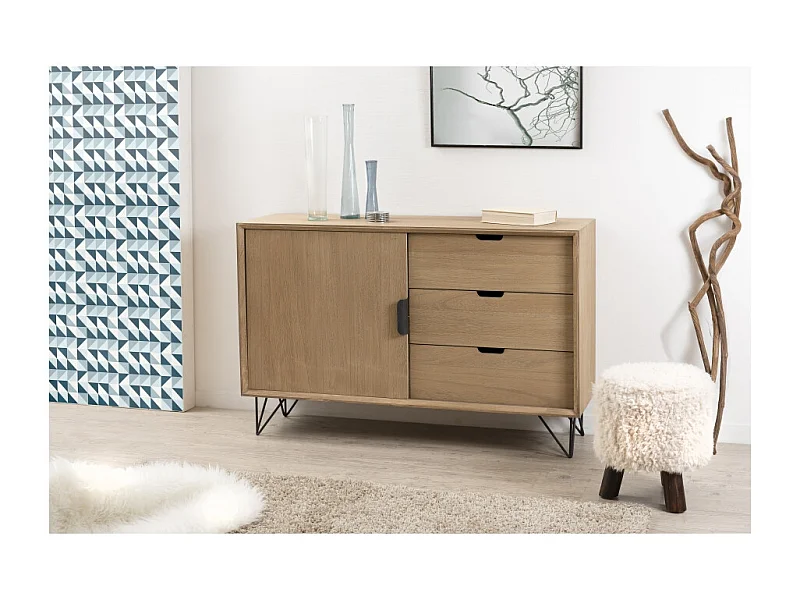 MARGAUX - Buffet bois naturel 1 porte 3 tiroirs pieds épingles noir