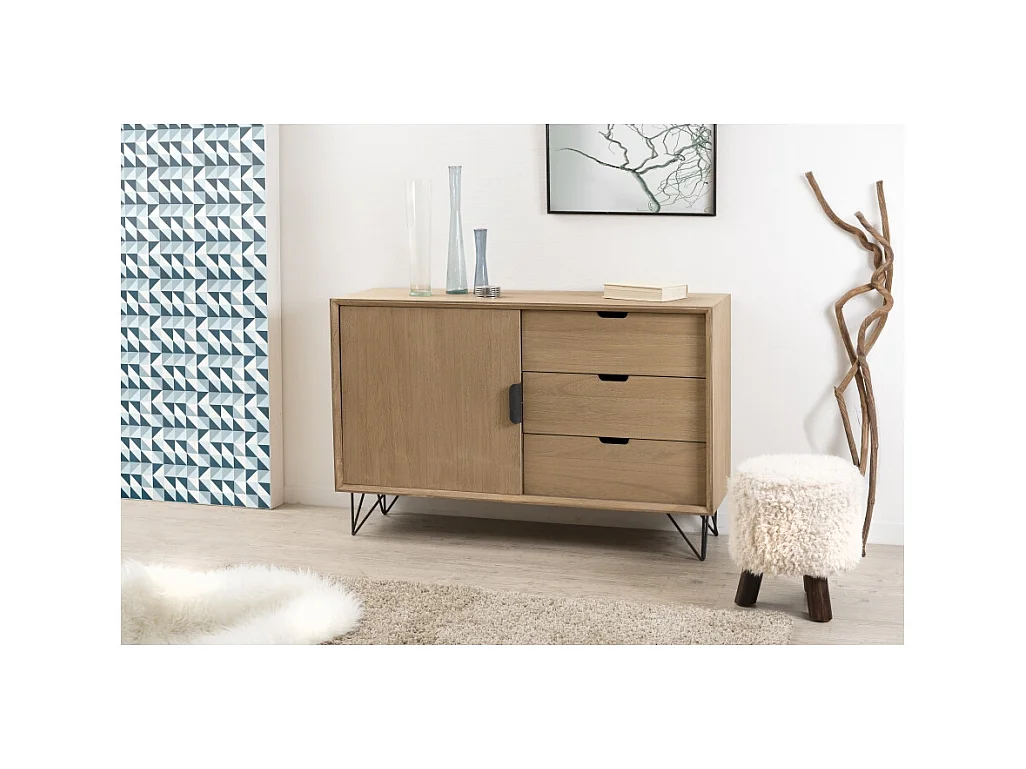 MARGAUX - Buffet bois naturel 1 porte 3 tiroirs pieds épingles métal noir