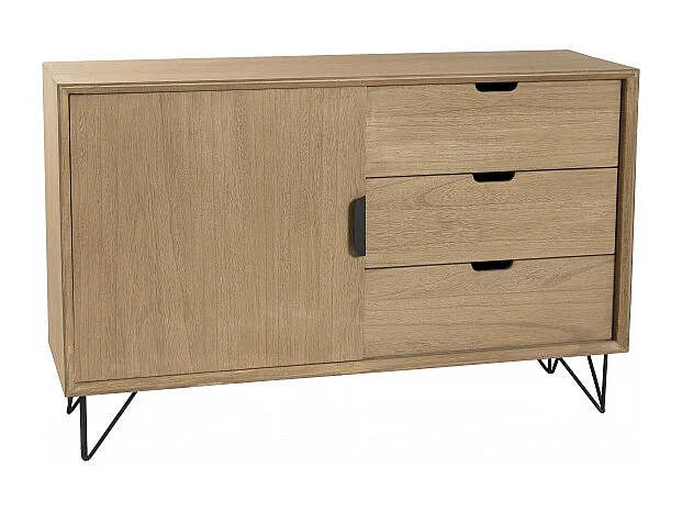 MARGAUX - Buffet bois naturel 1 porte 3 tiroirs pieds épingles noir