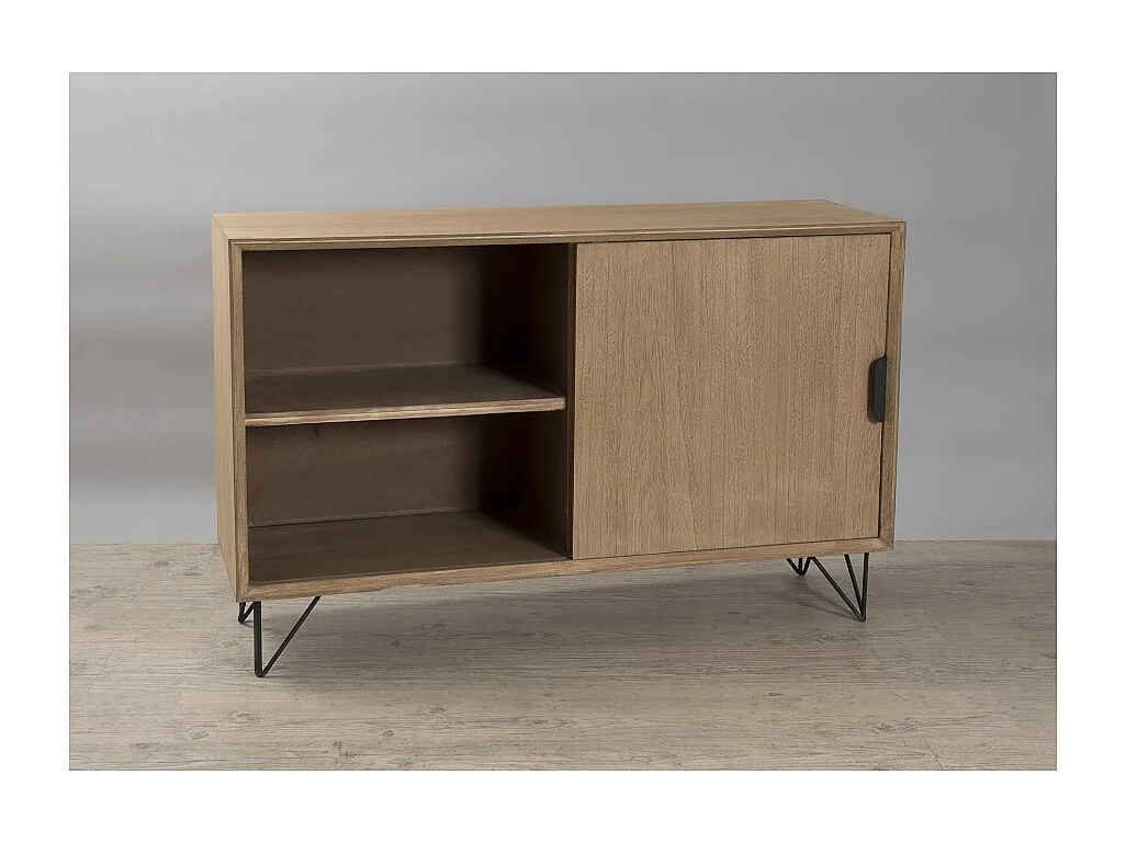 MARGAUX - Buffet bois naturel 1 porte 3 tiroirs pieds épingles noir