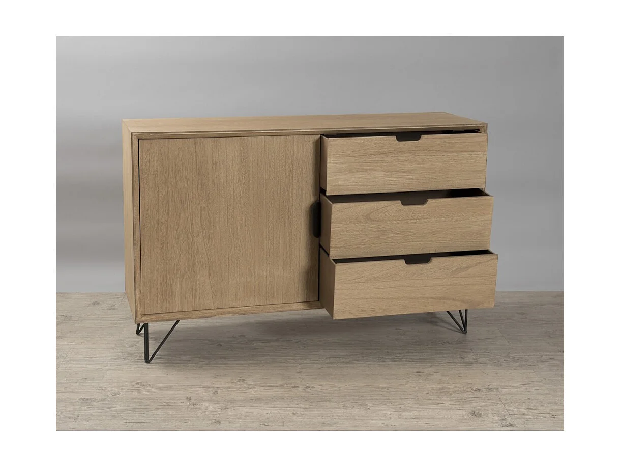 MARGAUX - Buffet bois naturel 1 porte 3 tiroirs pieds épingles noir