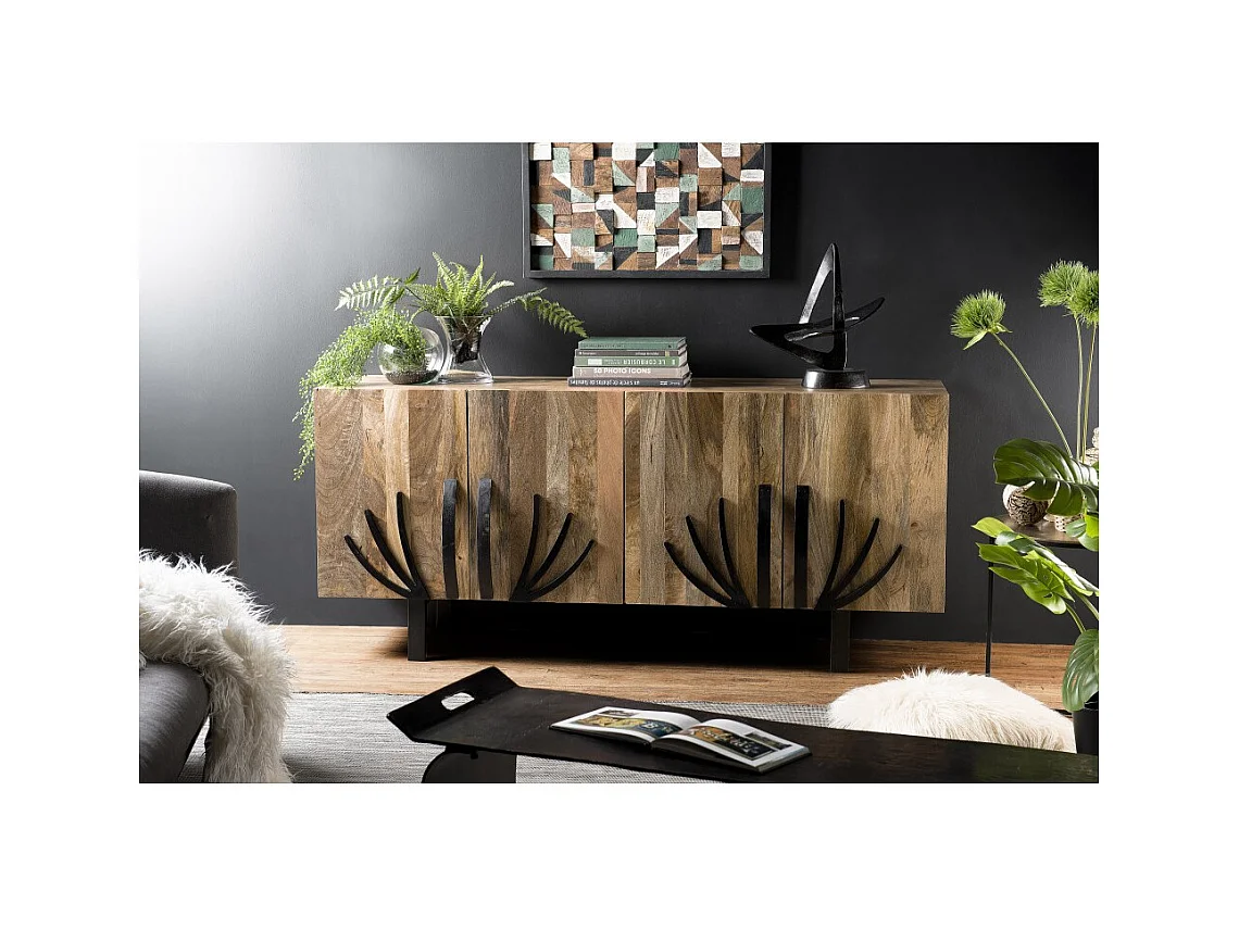 INDRA - Buffet bois Manguier 177x45cm 4 portes 2 étagères déco branches pieds métal Bangalore