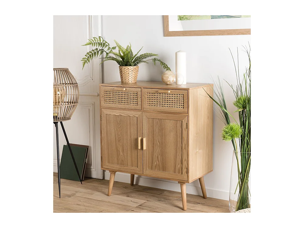 RODRIGO - Buffet couleur naturelle 2 tiroirs 2 portes bois cannage