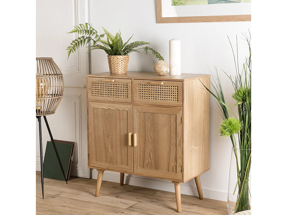RODRIGO - Buffet couleur naturelle 2 tiroirs 2 portes bois cannage