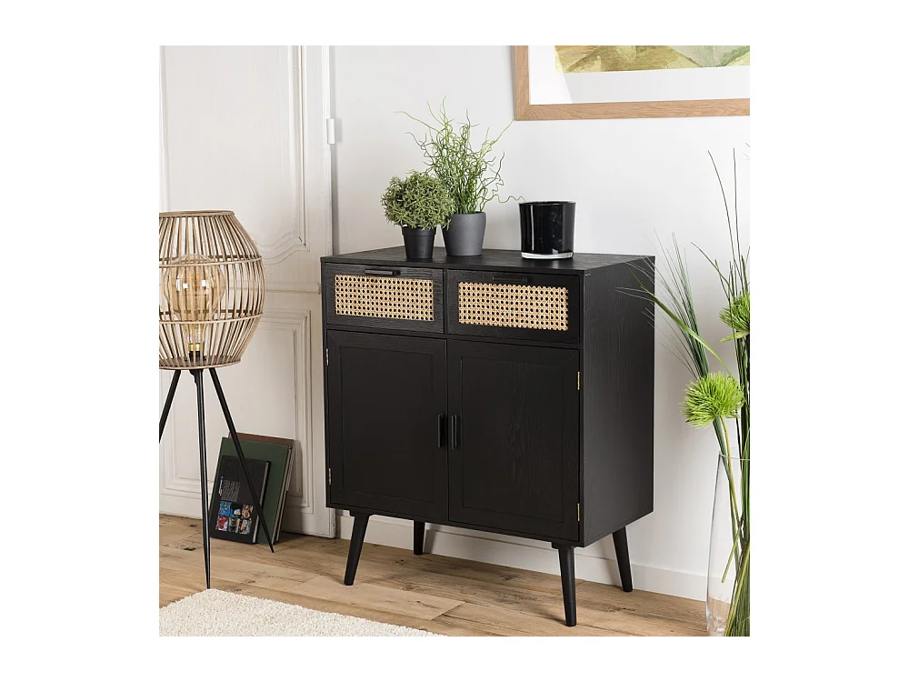 ANGELO - Buffet bois noir 2 tiroirs cannage 2 portes