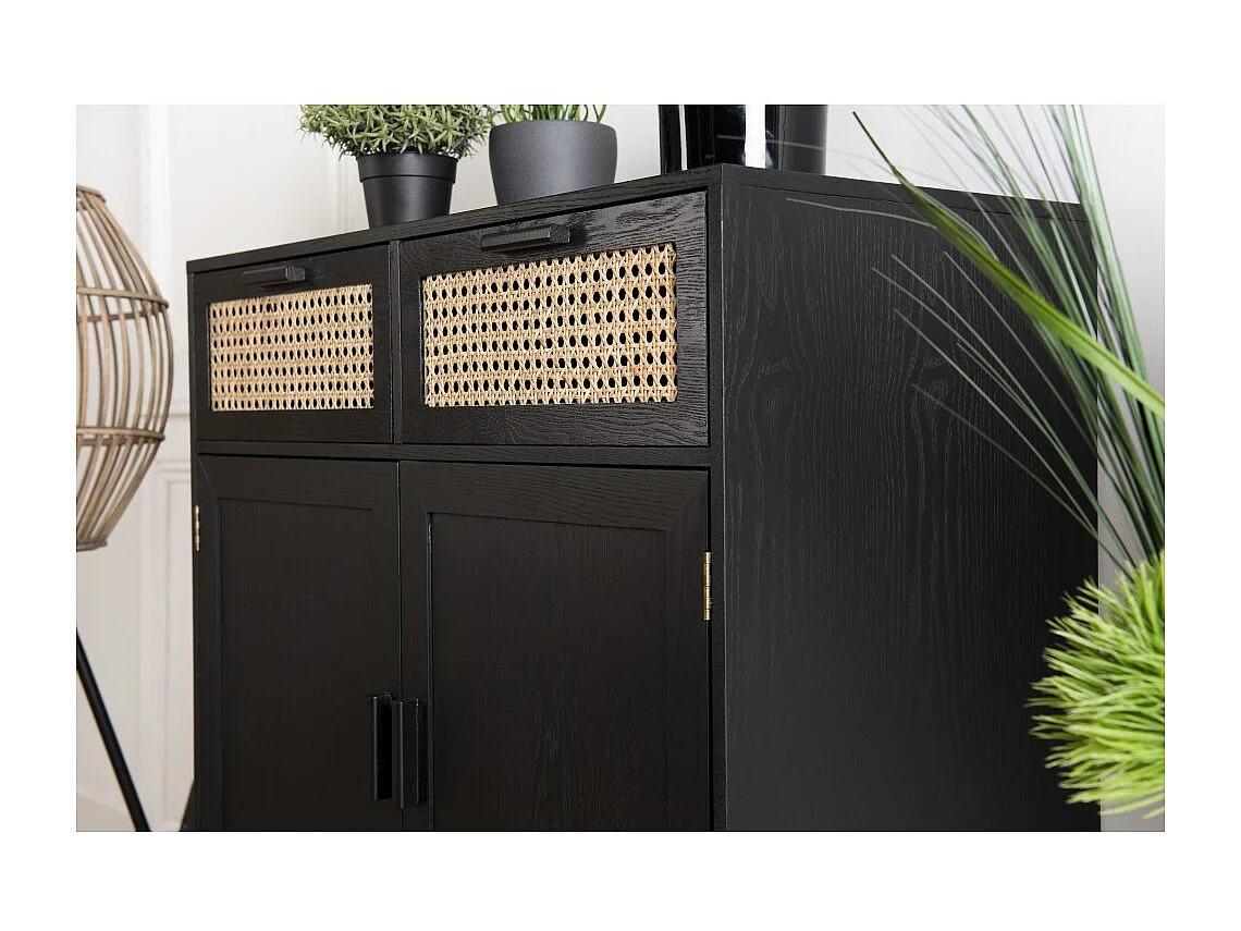 ANGELO - Buffet bois noir 2 tiroirs cannage 2 portes