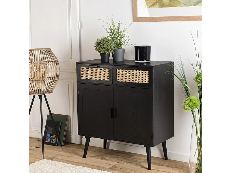 ANGELO - Buffet bois noir 2 tiroirs cannage 2 portes