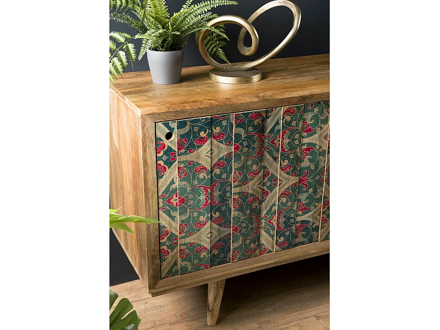 IRENE - Buffet bois Manguier naturel 160x45cm 2 portes coulissantes 1 étagère Bali