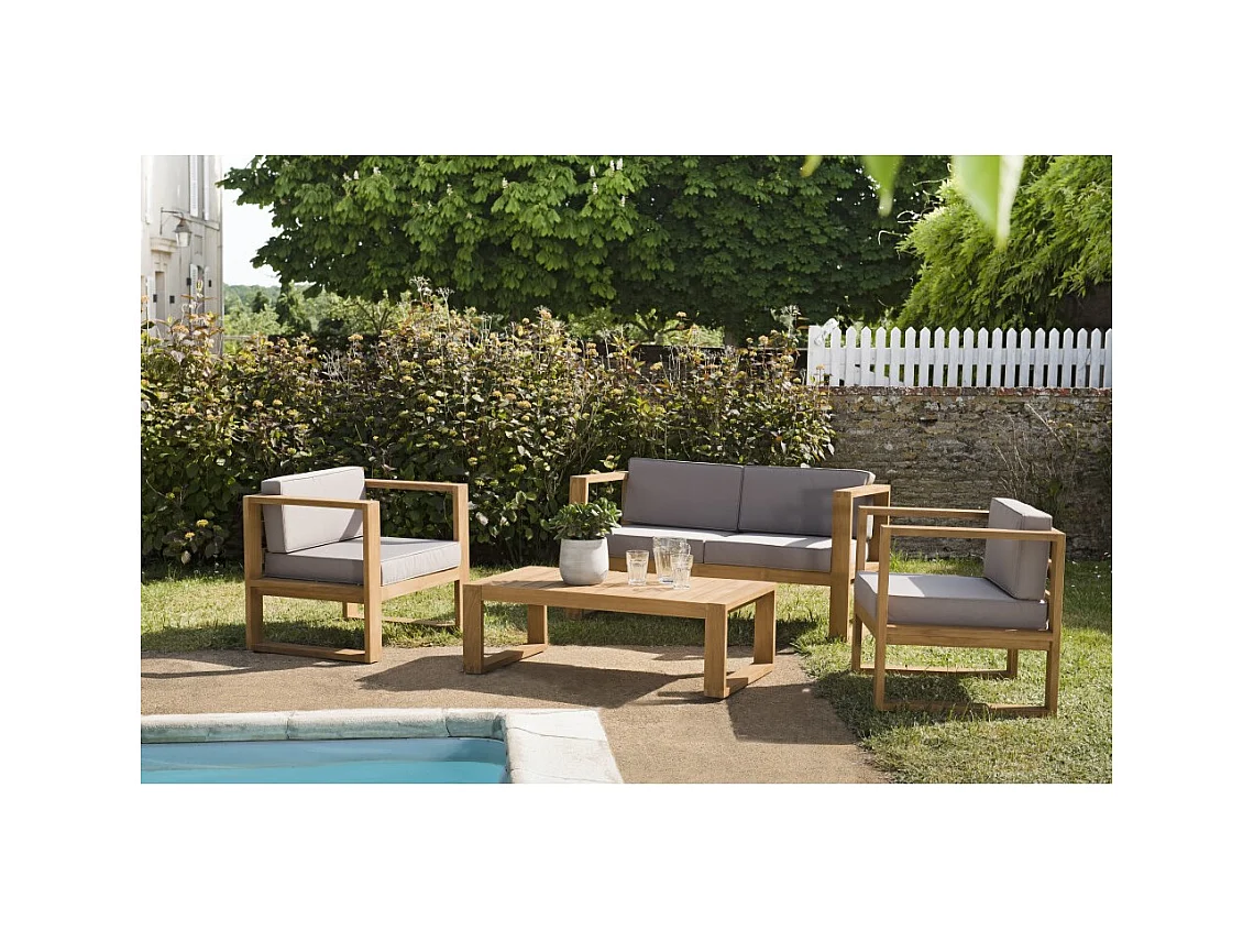 KIM - Salon de jardin bois teck canapé 2p. 2 fauteuils et table basse