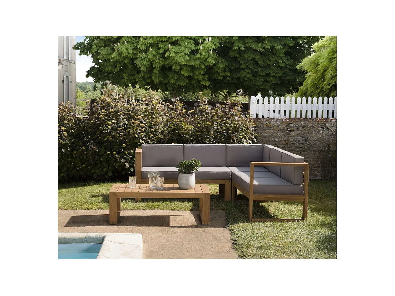 KIM - SALON DE JARDIN EN BOIS TECK : 1 Canapé d'angle 5p. avec coussin waterproof et une table basse rectangulaire 110x60 cm