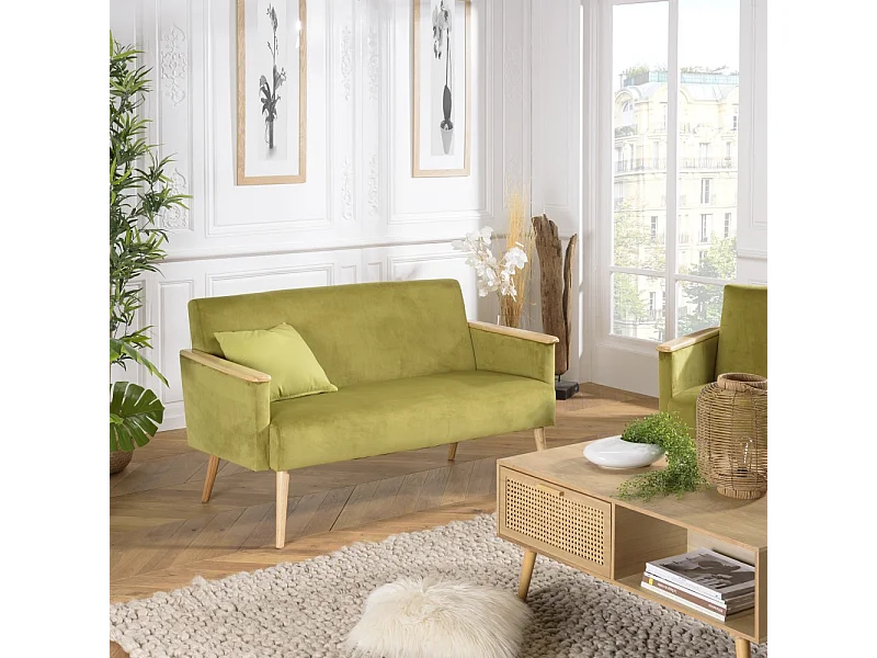 AGATHE - Canapé 2 places pieds et accoudoirs bois velours vert clair