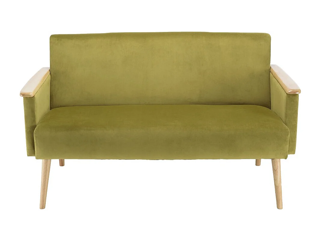 AGATHE - Canapé 2 places pieds et accoudoirs bois velours vert clair