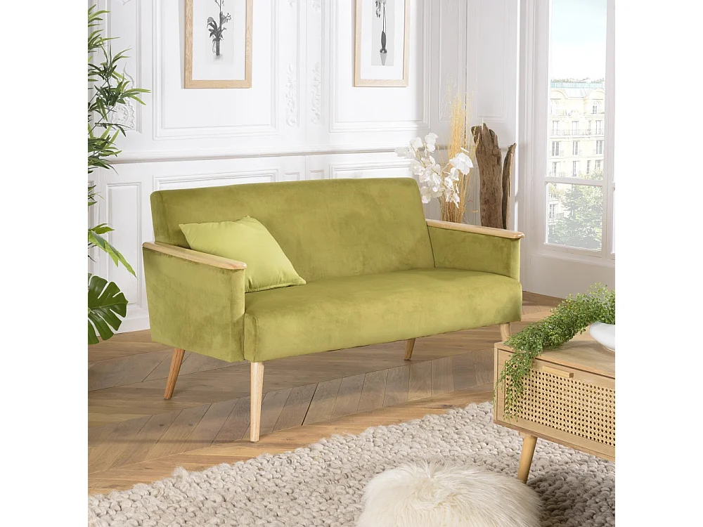 AGATHE - Canapé 2 places pieds et accoudoirs bois velours vert clair