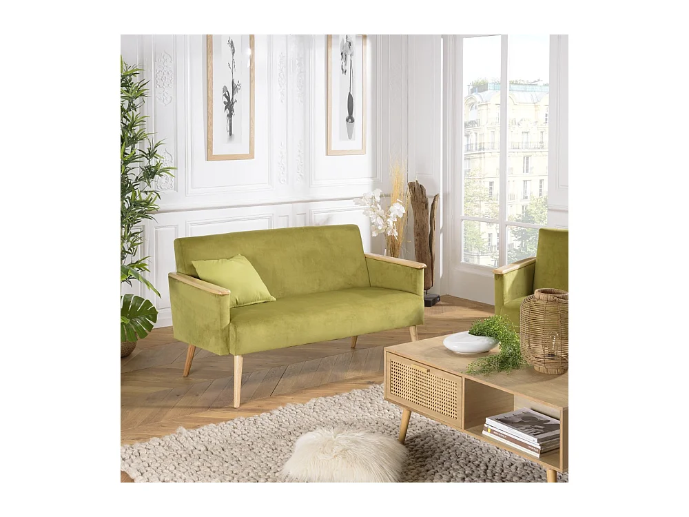 AGATHE - Canapé 2 places pieds et accoudoirs bois velours vert clair