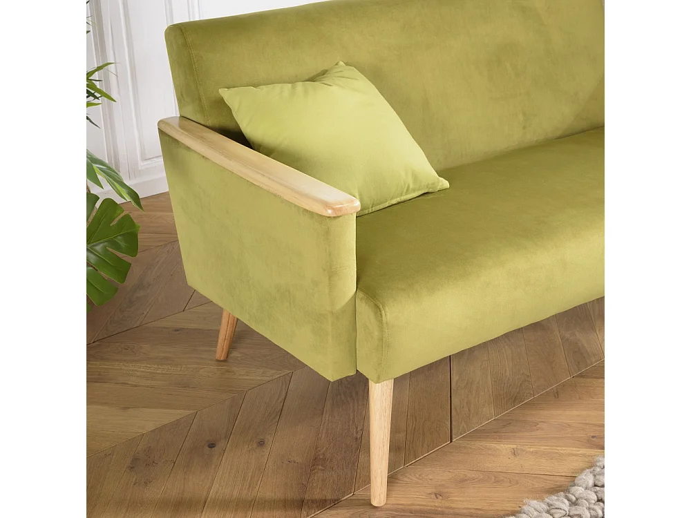 AGATHE - Canapé 2 places pieds et accoudoirs bois velours vert clair