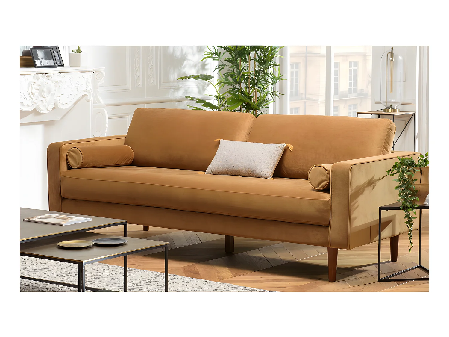 NOE - Canapé MADRID 3 places tissu couleur camel pieds bois