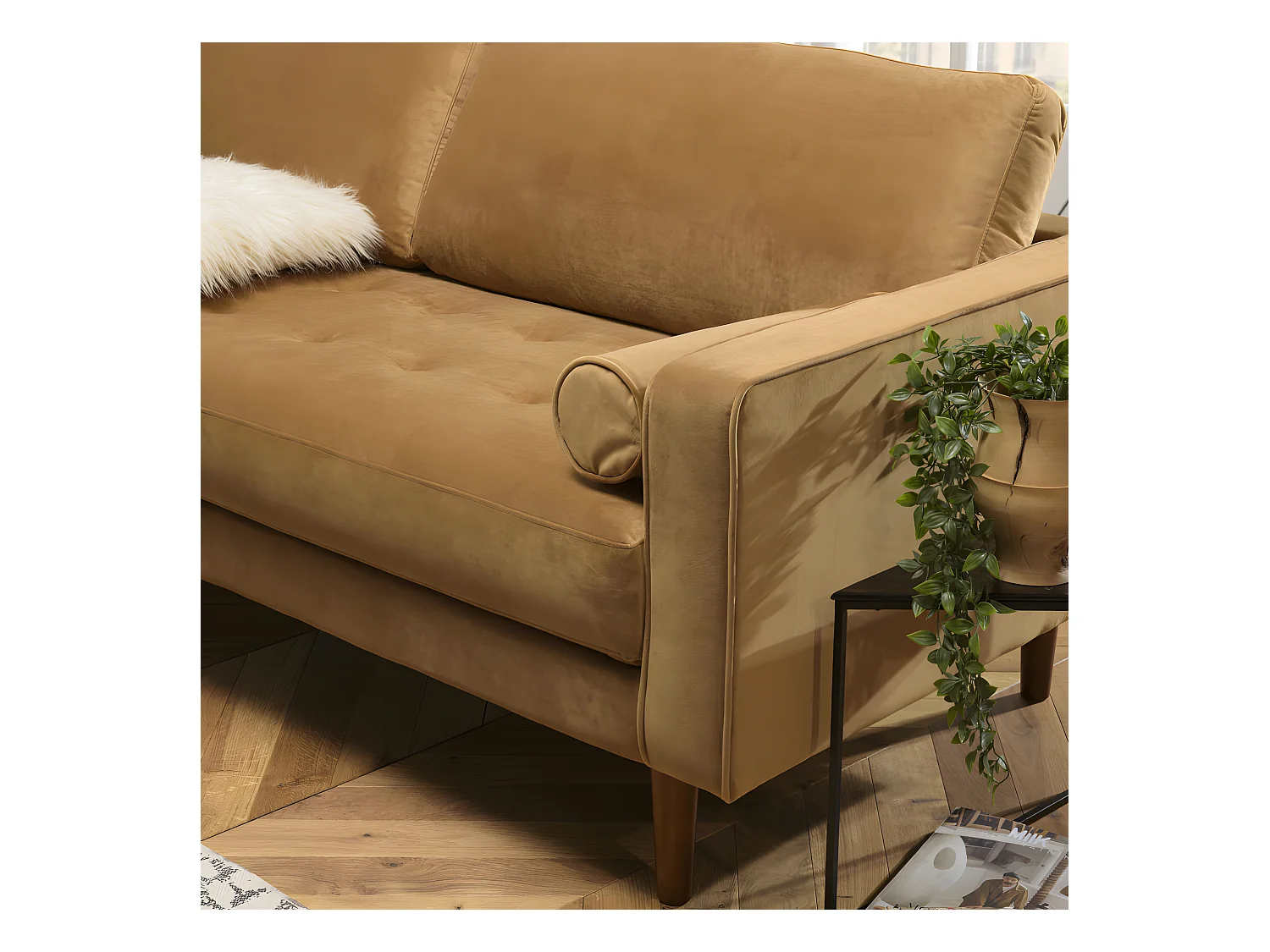 NOE - Canapé MADRID 3 places tissu couleur camel pieds bois