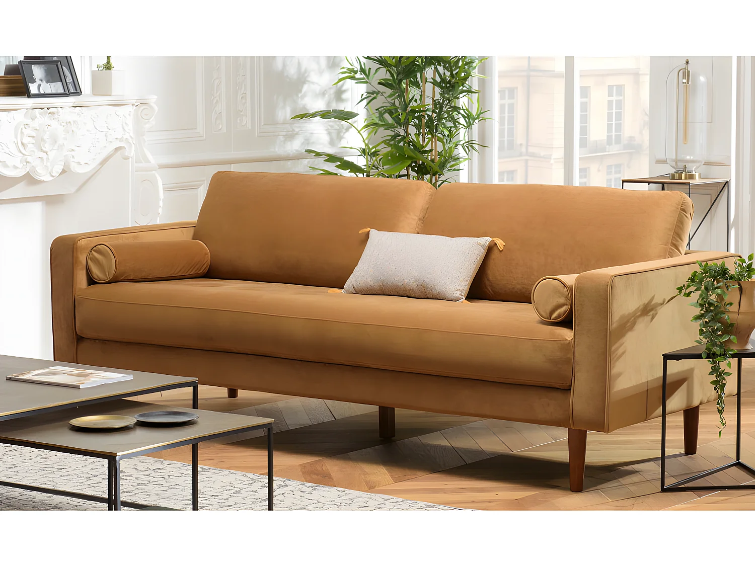 NOE - Canapé MADRID 3 places tissu couleur camel pieds bois