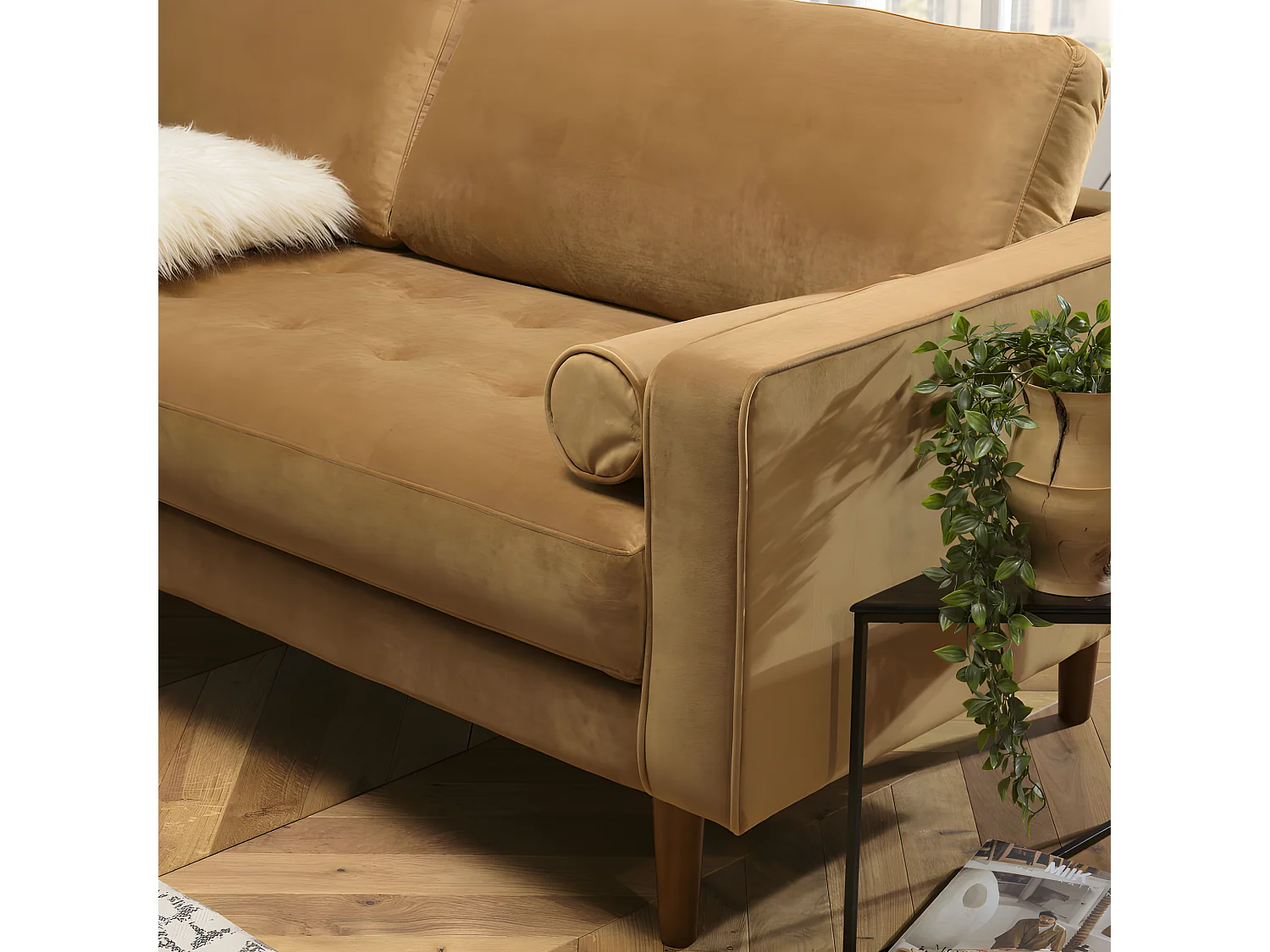 NOE - Canapé MADRID 3 places tissu couleur camel pieds bois