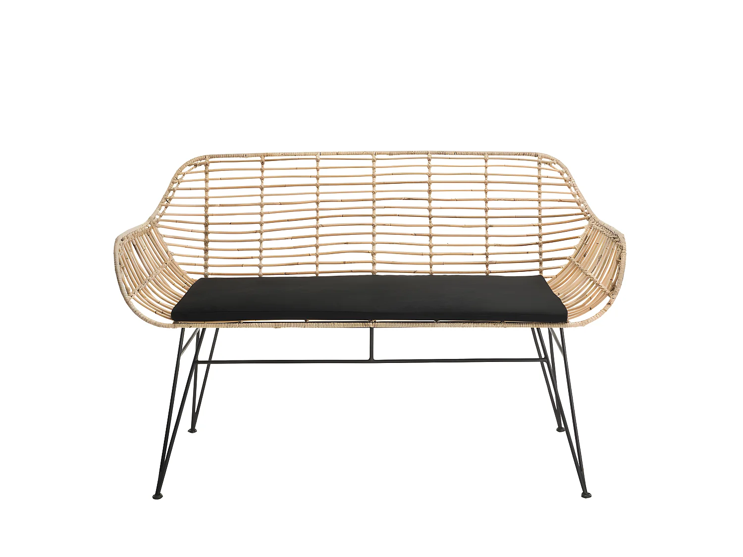 CHLOE - Canapé 2 places rotin naturel LONG ISLAND coussin noir pieds métal