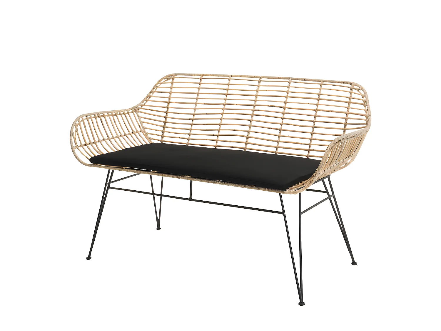 CHLOE - Canapé 2 places rotin naturel LONG ISLAND coussin noir pieds métal