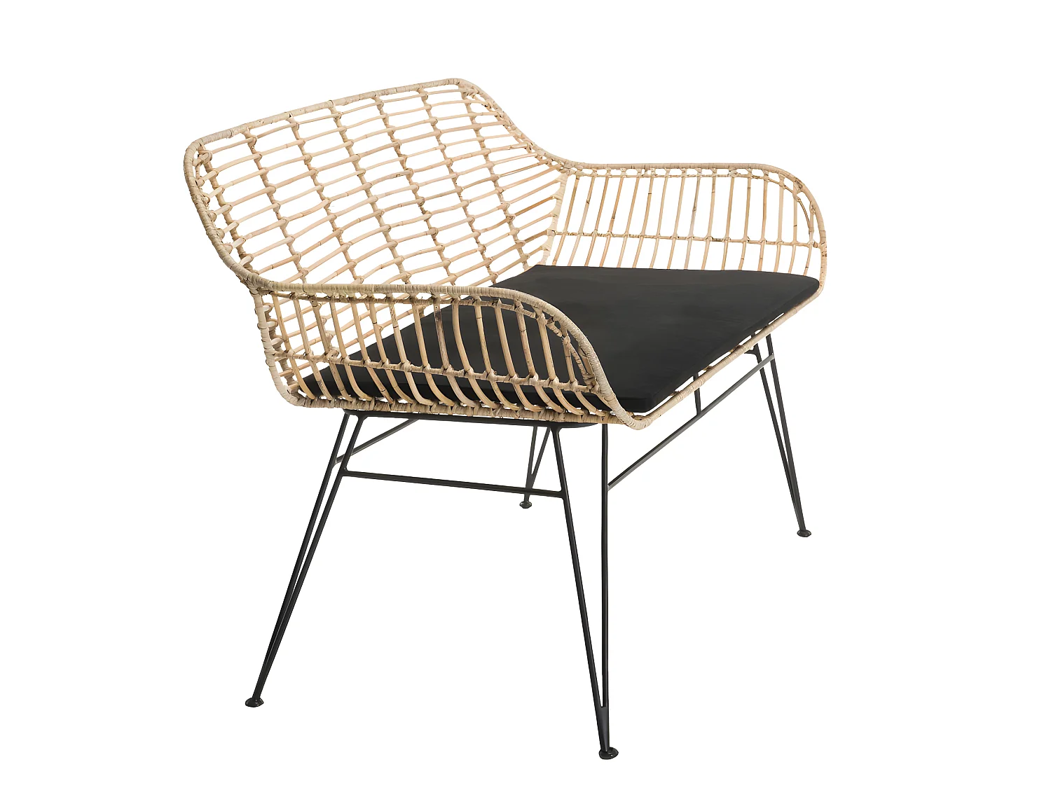 CHLOE - Canapé 2 places rotin naturel LONG ISLAND coussin noir pieds métal