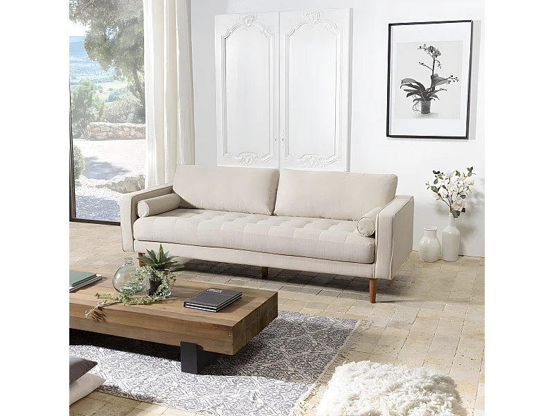 NOE - Canapé beige 4 places pieds en bois
