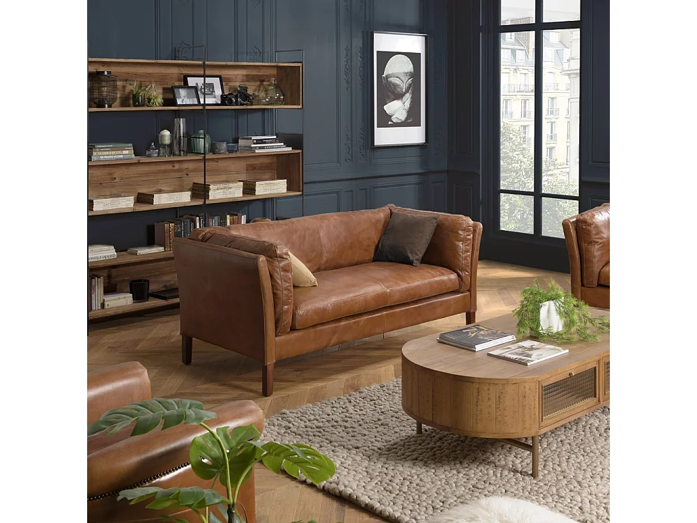 GASTON - Canapé marron MILANO vintage cuir 3 places pieds bois